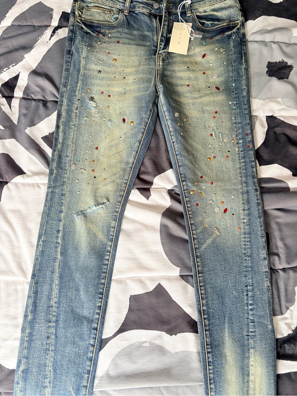 MNML Blue Skinny Jeans with Multicolor Stud Embellishments size 36